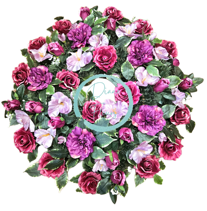 Coroană funerara de pin Exclusiv trandafiri, gladiole, dalii si accesorii 75cm