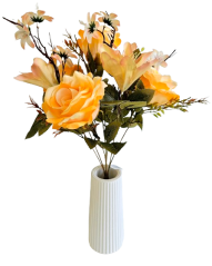 Buchet de trandafiri, margarete si crini x7 portocaliu 44cm flori artificiale