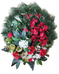 Temetési fenyőkoszorú Exkluzív Rózsák és Bazsarózsa és Kardvirágok és Hortenzia & Kiegészítők Ø 85cm