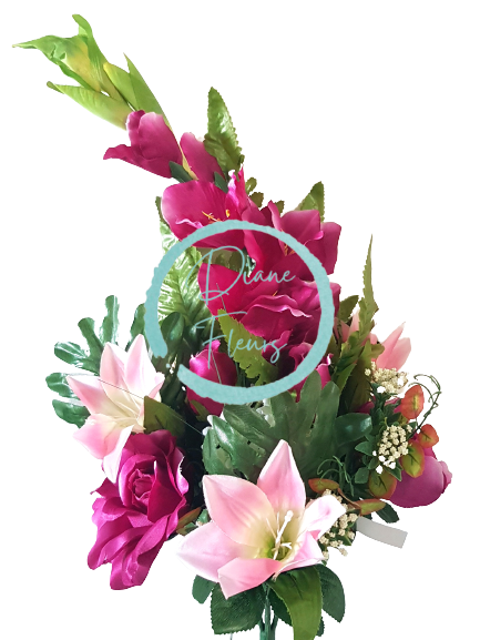Luksusowy bukiet płaski róż, lilia, mieczyk i dodatki 70cm bordowy i różowy
