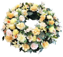 Temetési fenyőkoszorú Exkluzív hortenzia, rózsák, krizantém, dáliák, clematis és kiegészítők 80cm