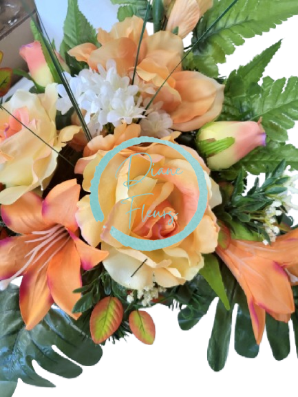 Smútočný aranžmán betonka umelé ruže, gladioly a doplnky 45cm x 22cm x 35cm