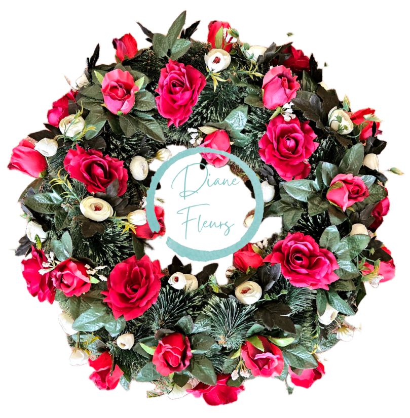 Smuteční věnec borovicový exclusive růže, ranunkulus pryskyřník, drobné kvítky a doplňky 65cm AS1031