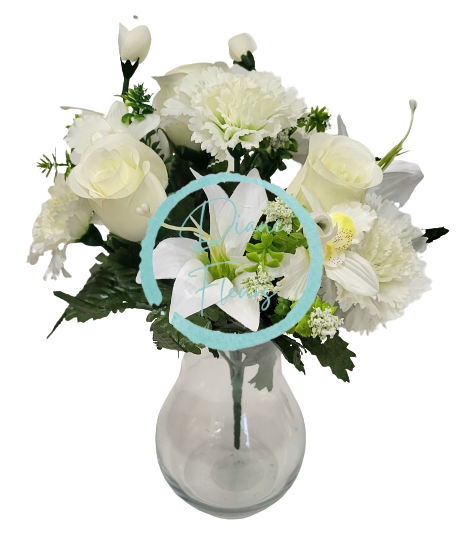 Buchet de trandafiri, garoafe, crini si orhidee x13 33cm crem flori artificiale