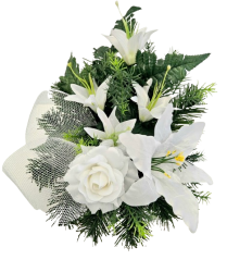 Sympathy arrangement made of artificial Roses, Lilies and Accessories Ø 30cm x 26cm