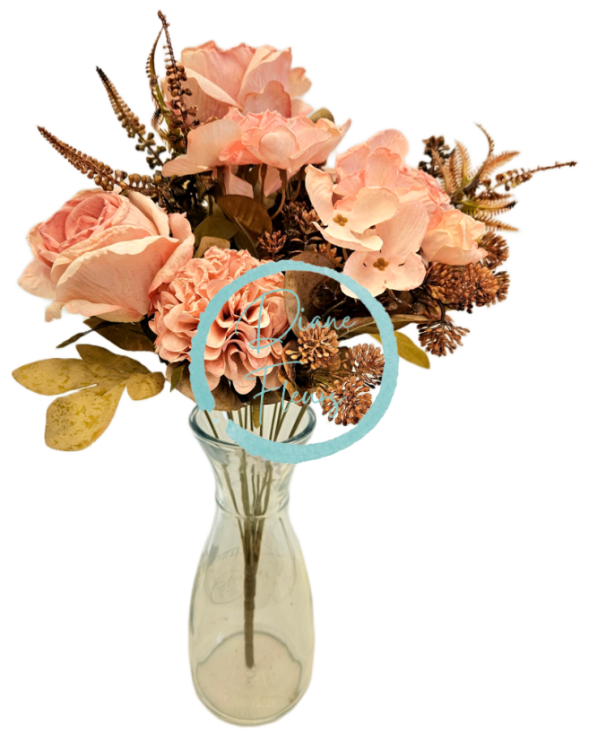 Изкуствен букет от рози, цинии и аксесоари 48 см розов