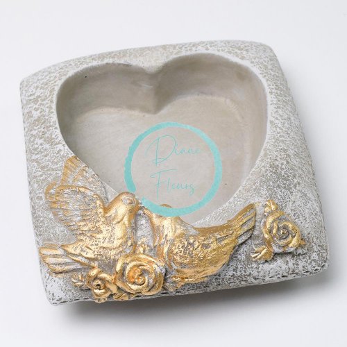 Dekorační kameninový květináč srdce s holubicí 16,5cm x 16,5cm x 6,5cm