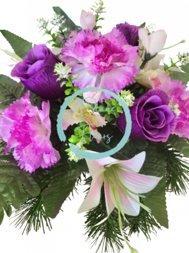 Žalobni aranžman umjetni karanfili, ruže, orhideje, ljiljani i dodaci Ø 30cm x 20cm