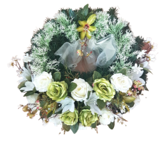 Smuteční věnec kruh s umělými růžemi, liliemi a doplňky Ø 60cm krémový, hnědý, zelený
