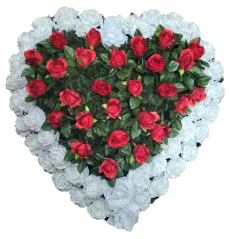 Coroana funerara „Inimă” din trandafiri 80cm x 80cm alb, rosu flori artificiale