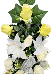 Künstliche Trauerstrauß Rosen, Lilien und Accessoires 75cm x 35cm