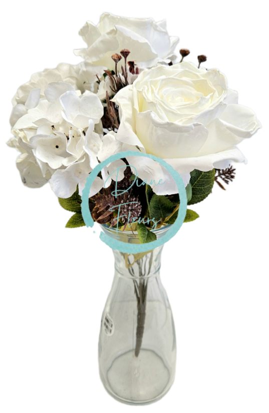 Изкуствен букет от рози, хортензии и аксесоари 44 см бял