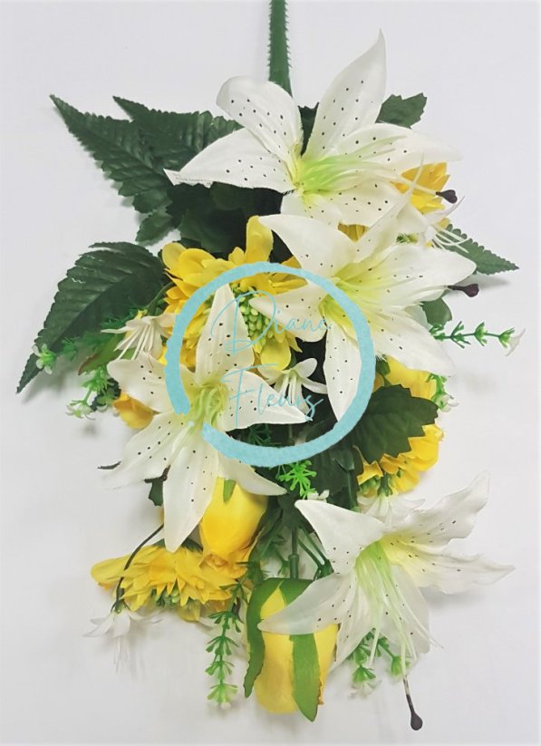 Buket ljiljana i ruža & Dalija x12 47cm bijelo-žuta umjetna