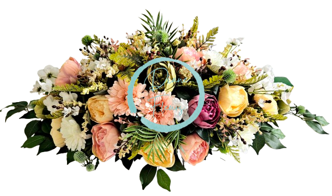 Großes Trauergesteck Exclusive aus künstliche Pfingstrosen, Gerberen und Accessoires 100cm x 50cm x 32cm