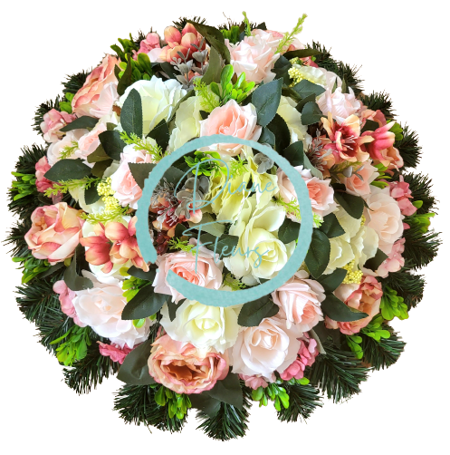 Wieniec żałobny krąg sztucznych róż, piwonii, hortensji i dodatków 60cm