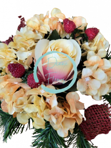 Sympathy arrangement made of artificial Rose, Hydrangea, Raspberries and Accessories 22cm x 15cm