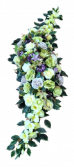 Smútočný veniec esíčko umelé ruže, gerbery, gladioly a doplnky 150cm x 50cm