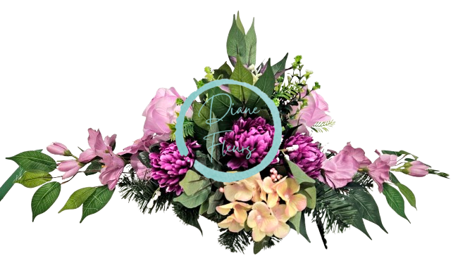 Big sympathy arrangement made of artificial Chrysanthemums, Roses, Gladiolus and Accessories 85cm x 45cm x 28cm