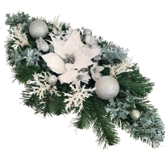 Vianočný aranžmán betonka umelá poinsettia vianočná ruža & vianočné guľe & doplnky 60cm x 30cm x 20cm