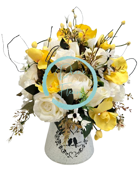 Decor frumos de trandafiri artificiali si orhidee intr-un ghiveci metalic 35cm x 30cm x 57cm