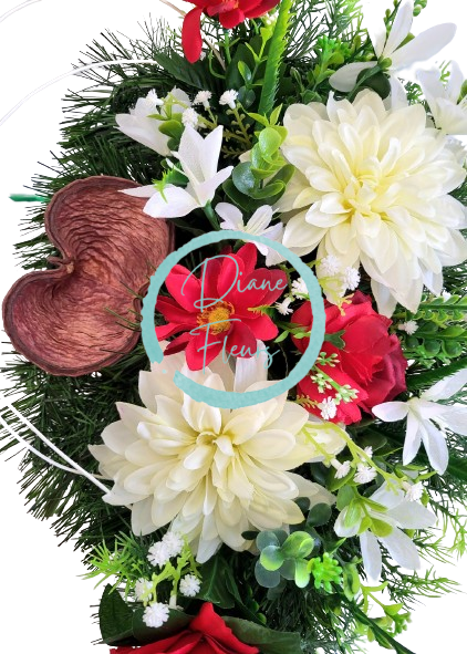 Sympathy arrangement made of artificial Roses, Dahlias, Marguerites Daisies and Accessories 60cm x 30cm x 20cm