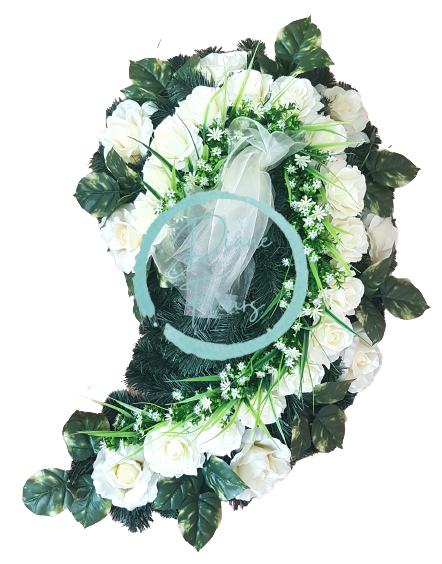 Smútočný veniec "Slza" z umelých ruží a doplnky 85cm x 50cm krémová, zelená