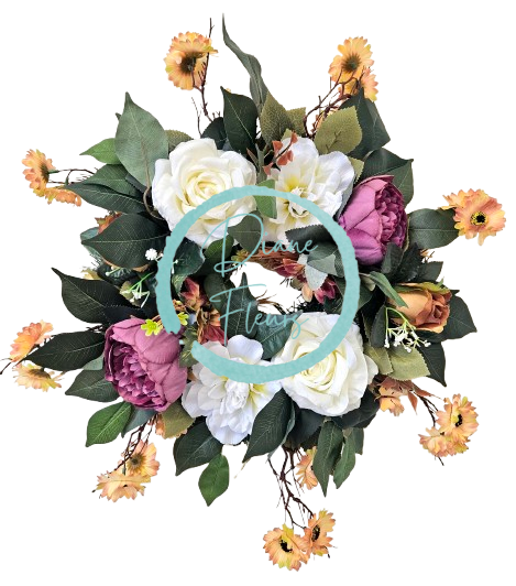 Венец от изкуствени рози, божури, маргаритки и аксесоари 50 см AS987