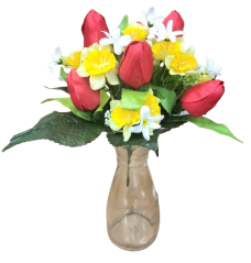 Tulipán és nárcisz csokor művirág x12 33cm piros, sárga
