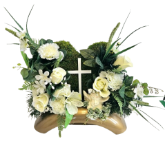 Trauergesteck aus künstliche Rosen, Nelken, Engel, Mooskranz und Zubehör 46cm x 20cm x 28cm