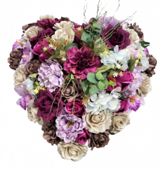Smuteční věnec srdce s mixem umělých květin a doplňky 55cm x 55cm