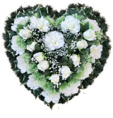 Krásný smuteční věnec srdce s umělými růžemi, dahliemi a doplňky 65cm x 65cm