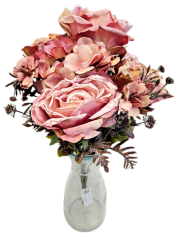 Buchet artificial de trandafiri, hortensie si accesorii 44cm roz