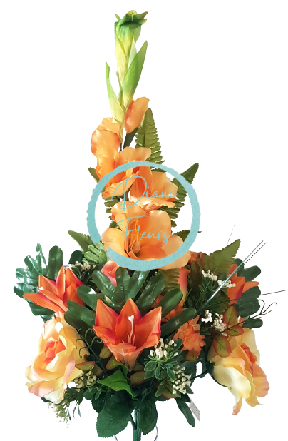 Luxusná kytica ležatá ruža, ľalia, gladiola a doplnky 70cm oranžová a žltá