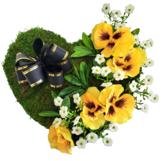 Coroană mușchi "Inima" de flori artificiale panselute, kalanchoe si accesorii 27cm x 23cm