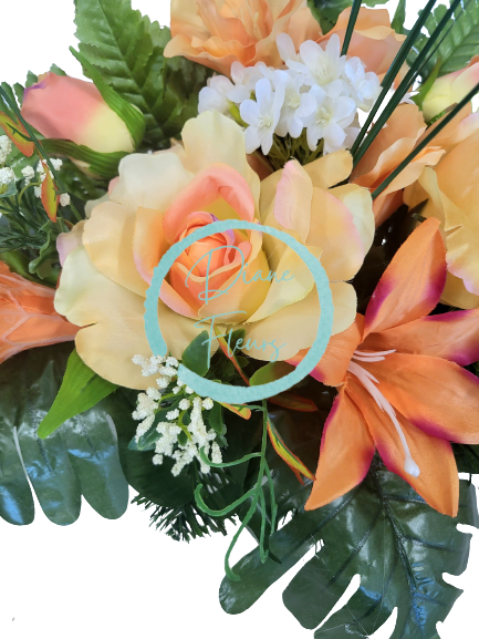 Smútočný aranžmán betonka umelé ruže, gladioly a doplnky 45cm x 22cm x 35cm