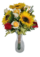 Vezani šopek Ekskluzivne vrtnice, sončnice, dodatki 48cm umetno