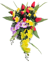Díszített betontál fenyőből tulipánok, nárciszok, orchideák és kiegészítők 55cm x 36cm x 18cm