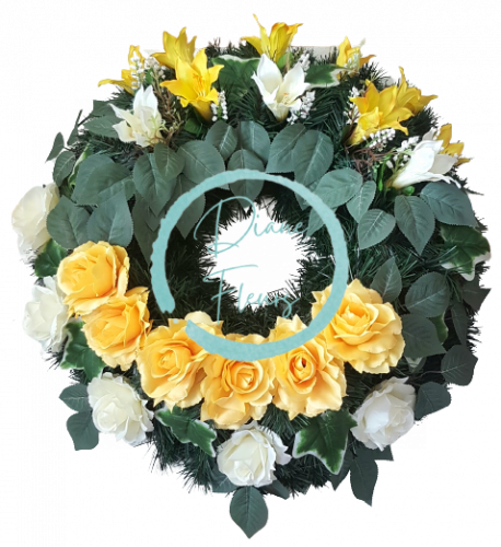 Wieniec żałobny krąg ze sztucznymi różami, liliami i dodatkami 60cm kremowy, żółty