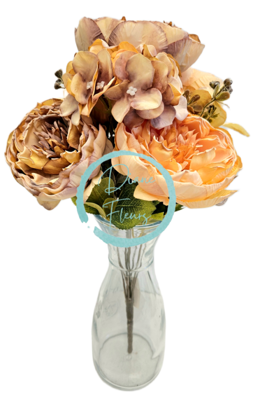 Изкуствен букет от божури, хортензии и аксесоари х9 44 см кафяво, прасковено