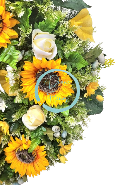 Luxurious artificial pine wreath Exclusive decorated with Sunflowers, Roses, Camellias, Marguerites and accessories 90cm
