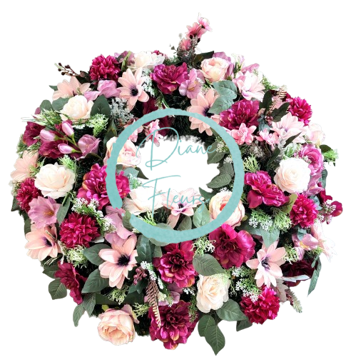 Luxusný smútočný veniec borovicový exclusive pivonky, dálie, clematis, chryzantémy, ruže a doplnky 80cm