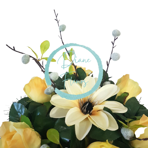 Smútočný aranžmán betonka umelé ruže, bahniatka, clematis & doplnky Ø 25cm x 17cm