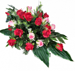 Krásný smuteční aranžmán betonka umělé růže, doplňky a stuha 77cm x 33cm x 40cm červená, růžová