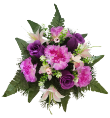 Aranjament pentru cimitir de garoafe artificiale, trandafiri, orhidee, crini și accesorii Ø 30cm x 20cm