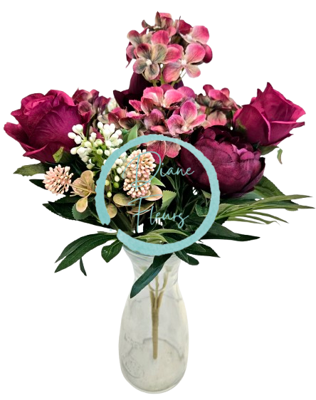 Bukiet piwonie, róże i hortensje 46cm sztuczny bordowy