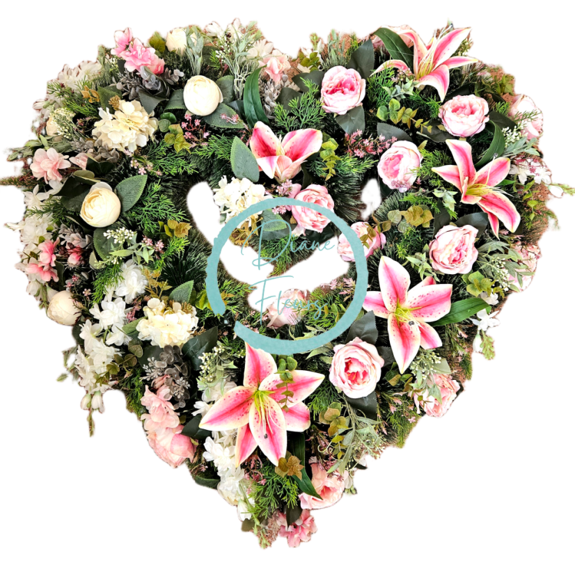 Künstliche Trauerkranz Herz Exklusiv Pfingstrosen, Delphinium und Zubehör 100cm x 90cm