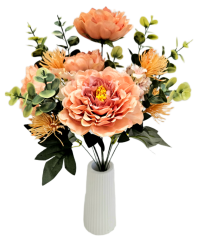 Umělá kytice Pivoňky, Eukalyptus, Bodlák a doplňky 46cm broskvová