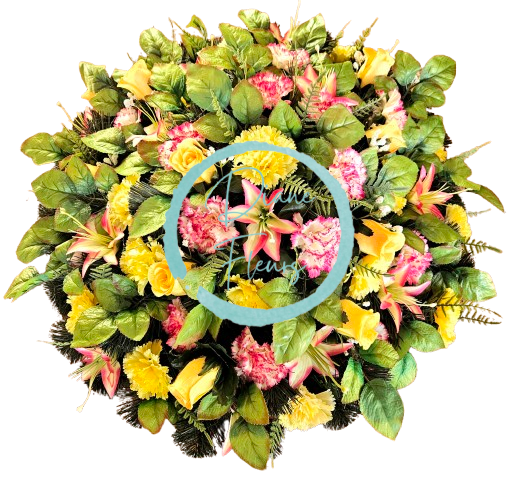 Artificial wreath decorated with Carnations, Roses, Lilies and accessories 60cm