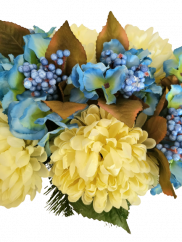 Sympathy arrangement made of artificial Chrysanthemums, Hydrangeas, Berries and Accessories 50cm x 30cm x 20cm
