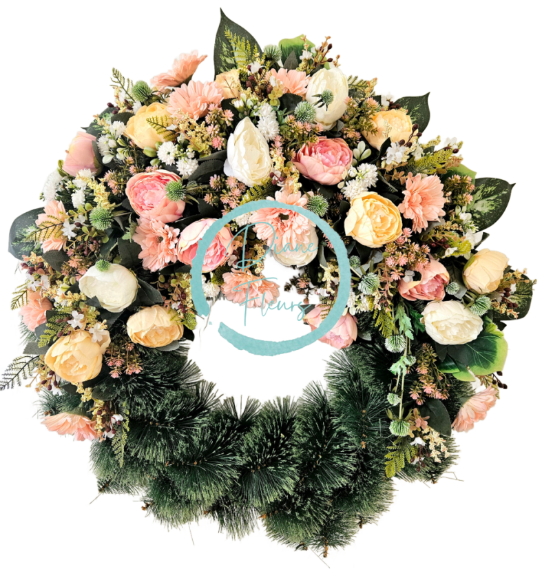 Coroană funerara de pin Exclusiv Bujori artificiali, Gerbere si Accesorii Ø 100cm
